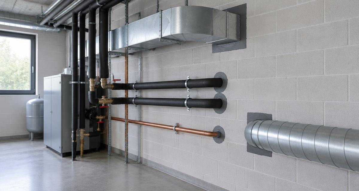 Plant room with insulated pipework and ductwork passing through a block wall with sealed penetrations